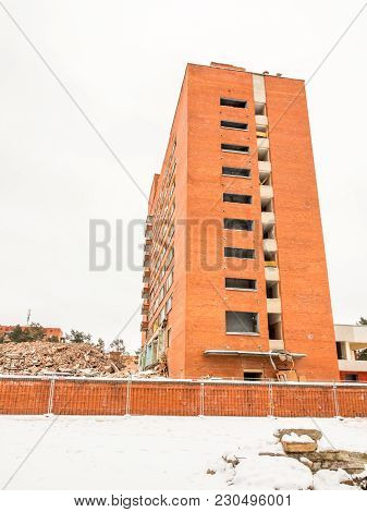 Visaginas, Lithuania - 12 February 2018: Day Winter View Shot Of Demolition Of Aukstaitija Hotel.