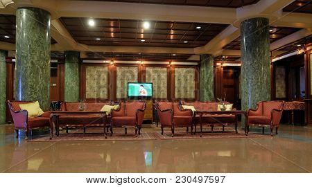 BUDAPEST, HUNGARY - OCTOBER 14: Hotel lobby in Danubius Health Spa Resort Margitsziget in Budapest, Hungary, on October 14, 2017.