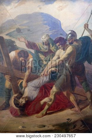 SISAK, CROATIA - DECEMBER 07: 3rd Stations of the Cross, Jesus falls the first time, Church of Visitation of the Virgin Mary in Sisak, Croatia, on December 07, 2017.