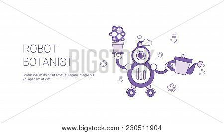 Robot Botanist Template Web Banner With Copy Space Vector Illustration