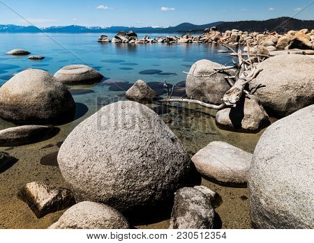 Beautiful boulders and crystal clear water of the lake Tahoe. Hidden Beach, Lake Tahoe - Nevada, USA