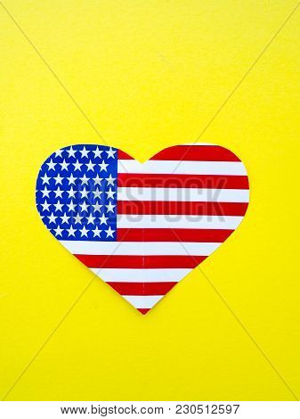 American Flag In The Shape Of A Heart On Bright Yellow Background, Usa, Independence Day