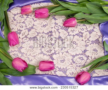 A Frame Of Delicate Pink Tulips, Lilac Fabric And A Background Of Gentle Guipure