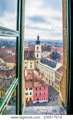 Beautiful view to Sibiu historic center and Holy Trinity Roman Catholic Church viewed from the Evangelical Church.
