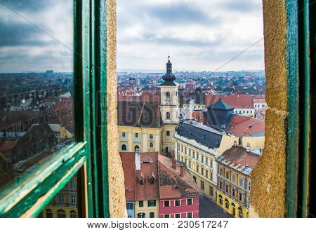 Beautiful view to Sibiu historic center and Holy Trinity Roman Catholic Church viewed from the Evangelical Church.