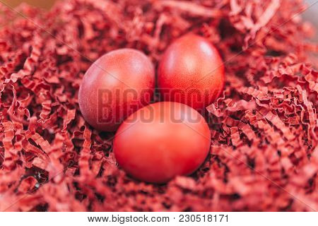 Red Easter Eggs In The Table Holidays