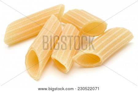 Italian pasta isolated on white background. Pennoni. Penne rigate.