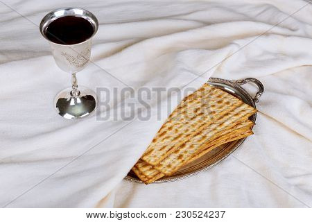 Pesach Passover Matzot, Red Wine And Silver Dish