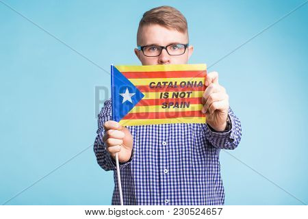 Man With Pro-independence Flag. Referendum For The Separation Of Catalonia From Spain Concept.