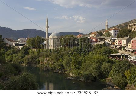 Mostar, Bosnia And Herzegovina - August 16 2017: Overview Of Mostar City With Koski Mosque And Neret