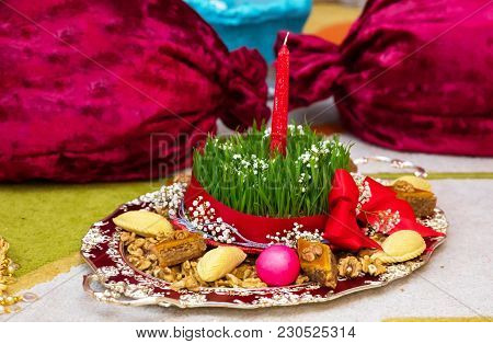 Novruz National Azerbaijan Holiday Spring New Year Celebration Concept, Wheat Grass Semeni . A Semin