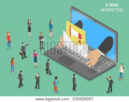 E-mail Marketing Flat Isometric Vector Concept. Hands From The Laptop Shows A Letter With Promotion 