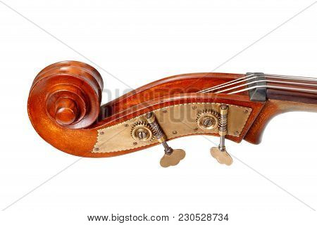 Pegbox, Scroll And Tuning Keys Of A Contrabass Isolated On White