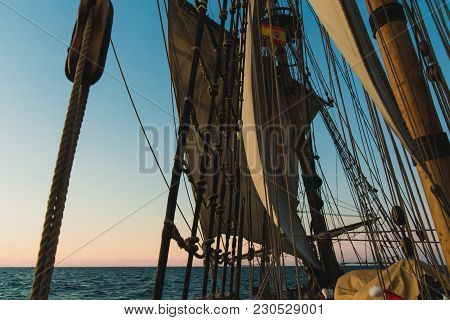 Seascape From The Side Of An Old Wooden Sailboat