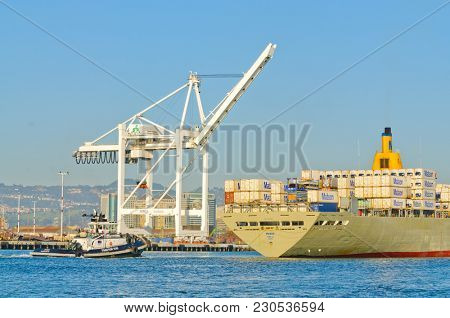 Alameda, CA - March 9, 2015: Oakland Container Shipyard, San Francisco Bay the Matson container ship 