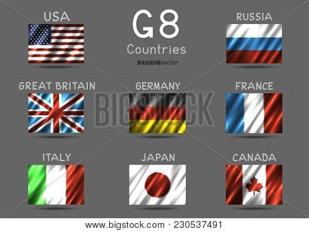 G8 Usa Canada France Germany Italy Japan Russia Great Britain Rectangular Flag Icon Set On Gray Back