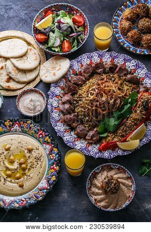 Middle Eastern Or Arabic Dishes And Assorted Dishes, Top View.