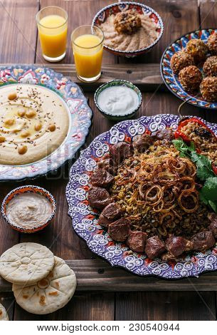 Middle Eastern Or Arabic Dishes And Assorted Dishes, Top View.
