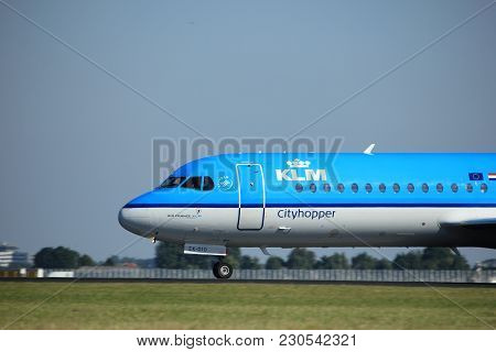 Amsterdam, The Netherlands  - August, 18th 2016: Ph-kzk Klm Cityhopper Fokker F70,
Taking Off From P