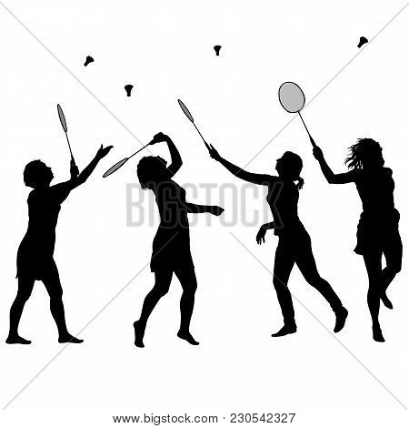 Black Set Silhouette Of Female Badminton Player On White Background.