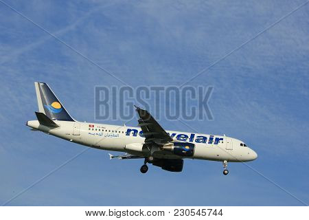 Amsterdam The Netherlands - July 7th 2017: Ts-inq Nouvelair Tunisie Airbus A320 Approaching Schiphol
