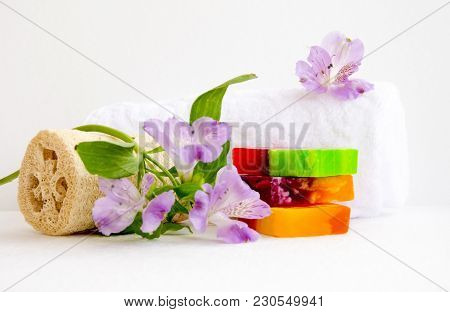 Bathroom Accessories, Luff,  Alstroemeria Flower, Handmade Soap And White Towel