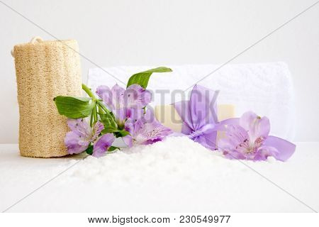 Bathroom Accessories, Luff,  Alstroemeria Flower, Handmade Soap And White Towel
