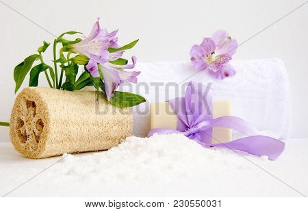 Bathroom Accessories, Luff,  Alstroemeria Flower, Handmade Soap And White Towel