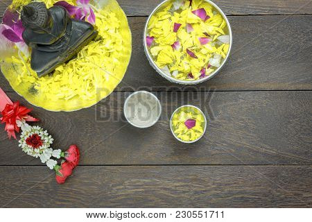Table Top View Decoration & Sign On Songkran Festival Or Thailand New Year Holiday Background Concep
