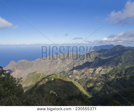 View Point Amogoje, Green Hills With Rock In The Sea El Draguillo In Anaga Mountain, Tenerife  Canar