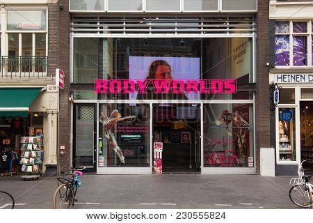 Amsterdam, Netherlands - June 25, 2017: Entrance To Body Worlds Museum. More Than 200 Real Dead Huma