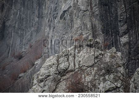 Panorama Of The Foggy Winter Landscape In The Mountains With Snow And Rocks, Azerbaijan, Lahic, Big