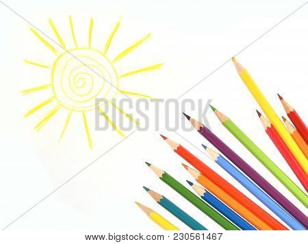 Сolour Pencils And The Draw Sun; Isolated