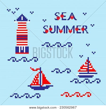 Modern Abstract Set Pixel Art Icons, Isolated Background. Summer, Holiday, Vacation Poster In Blue, 