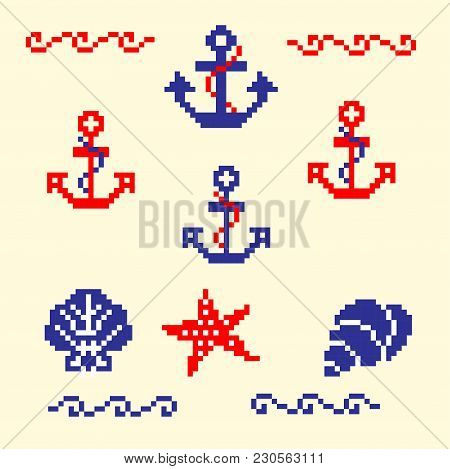Modern Abstract Set Pixel Art Icons, Isolated Background. Summer, Holiday, Vacation Poster In Blue, 