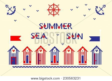 Modern Abstract Set Pixel Art Icons, Isolated Background. Summer, Holiday, Vacation Poster In Blue, 