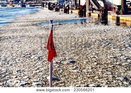 The Flag At The Stern Of The Ferry Mooring To The Landesbruecken In Hamburg. Selective Focus. The Fo