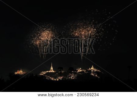 Fireworks Show Over Phra Nakhon Khiri Historical Park (khao Wang), Petchaburi, Thailand.