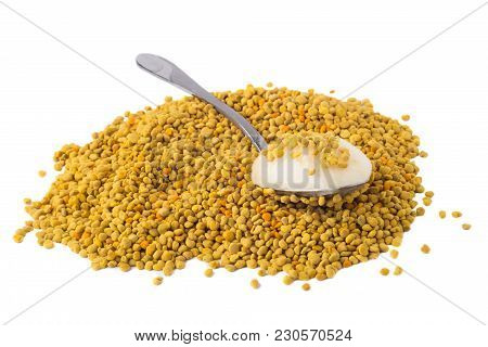 Flower Pollen With Honey Is Isolated On A White Background. Natural Remedy For Immunity Enhancement.
