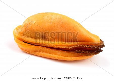 One Mussel Without Shell Isolated On White Background.