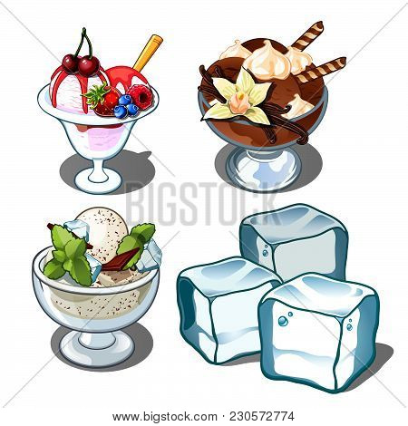 Fruit, Chocolate And Mint Ice Cream. Ice Cubes. Vector Illustration.