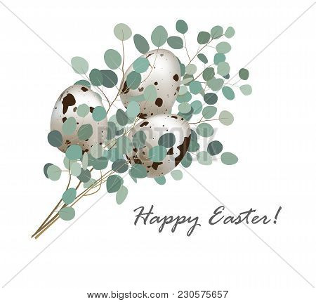 Stylish Easter Geeting Card With Quail Eggs And Eucalyptus Bunch. Easter Greeting Banner, Place For 