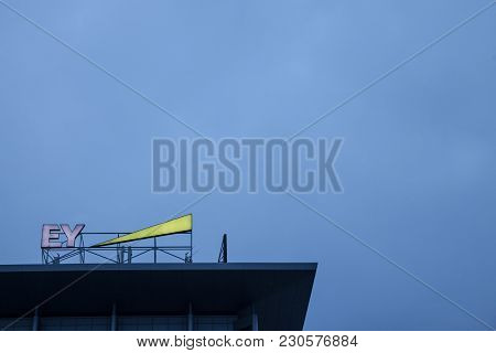 Belgrade, Serbia - February 11, 2018: Ernst And Young (ey) Logo On Their Main Office For Serbia. Ey 