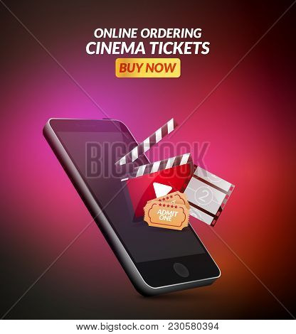 Cinema Movie Ticket Online Order Concept. Mobile Cinema Smartphone App Or Web Reservation. Vector Il