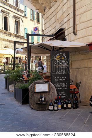 Montepulciano, Italy - July 19, 2017: Traditional Enoteca And Wine Shop On The Street Of The Histori