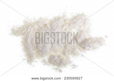 Pile Of Flour Isolated On White Background. Top View. Flat Lay.
