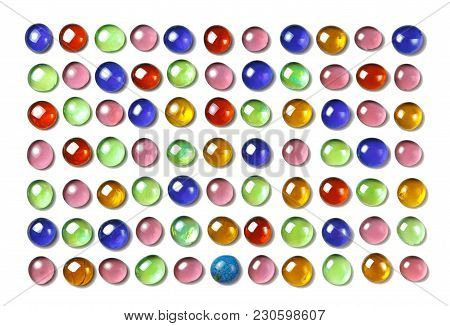 Pattern Of Red, Green And Bluel, Shiny Glass Beads. Isolated On White. Bright, Cheerful Background, 