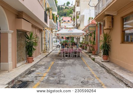 Zakynthos, Greece - September 29, 2017: Narrow Street With Restaurant In Zante Town. Zakynthos Islan