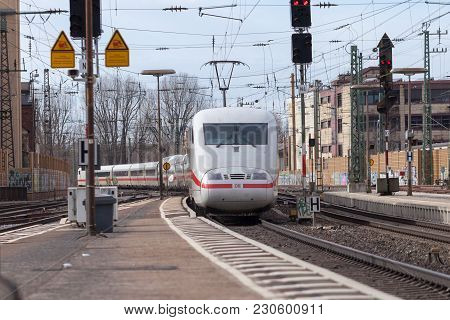 Fuerth / Germany - March 11, 2018: Ice 2, Intercity-express Train From Deutsche Bahn Passes Train St
