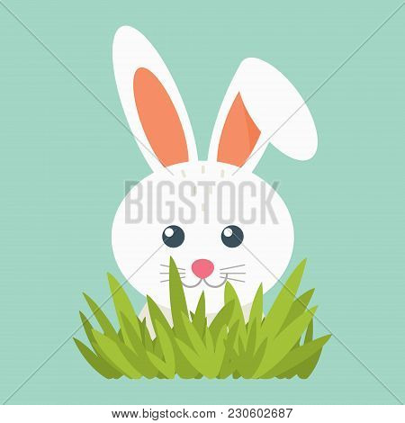 Illustration Of White Hare. Eps 10 Vector. Illustration Of A Rabbit. Cute Little Animal On A Blue Ba